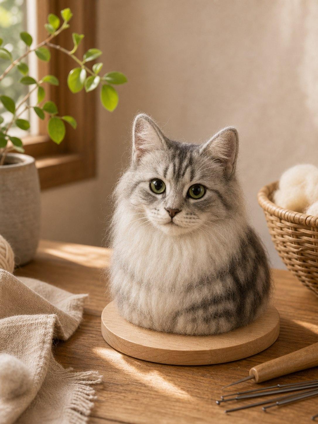 A finished wool-felt pet keepsake on a sunlit workshop desk.