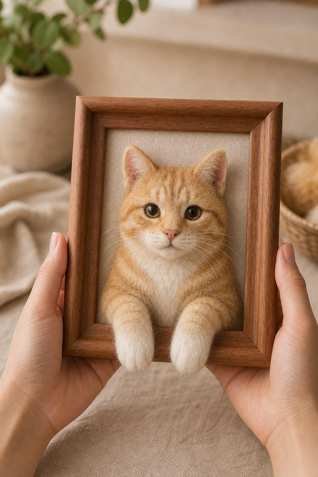 A handcrafted wool-felt pet keepsake resting gently in its owner's hands.