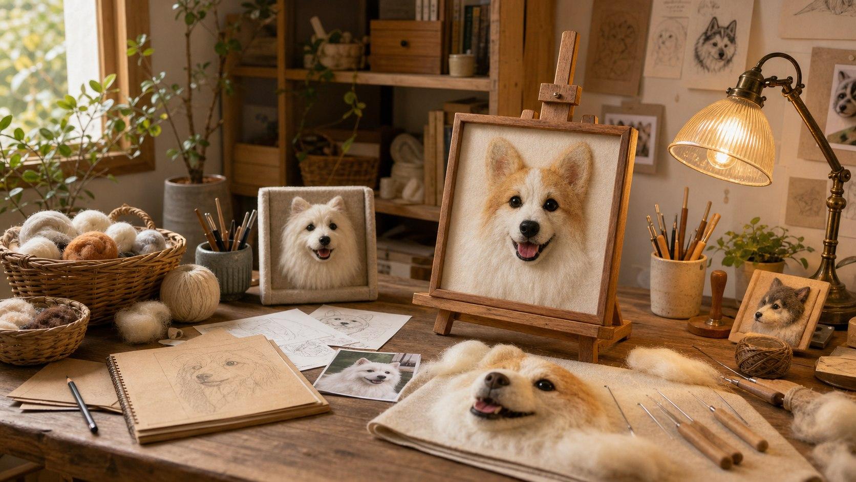A warm wool-felt pet keepsake studio with tools and works in progress.